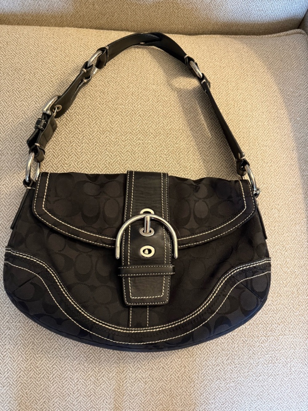 Coach Black Signature Canvas Buckle Shoulder Bag with White Stitching